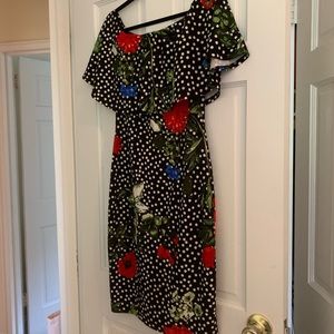 Black Polka Dot Floral Off the Shoulder Midi Dress